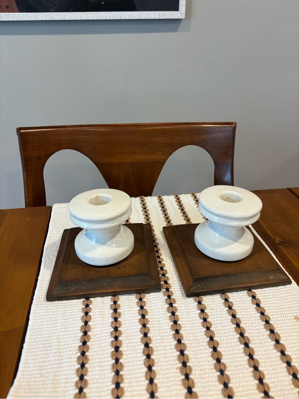 Set of 2 Vintage Ceramic and Wood Candlestick Holders